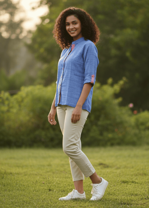 Women’s Powdered Blue Solid Chinese Collar 3/4 Sleeve Casual Shirt  Top