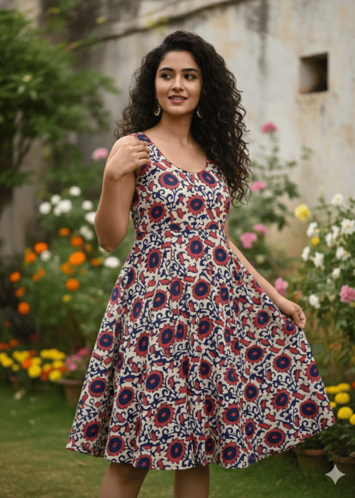 Ethnic Floral Printed Sleeveless Fit & Flare Dress