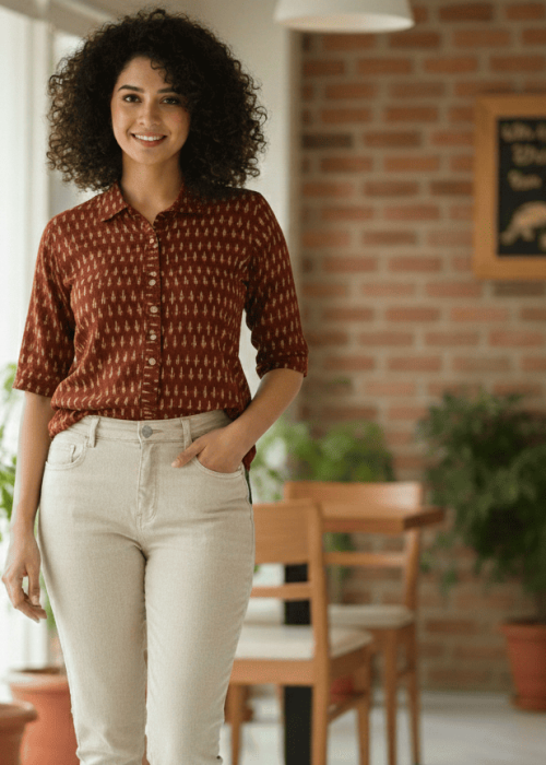 Women’s Rust Brown Ikat Print Button-Down 3/4 Sleeve Casual Shirt Top