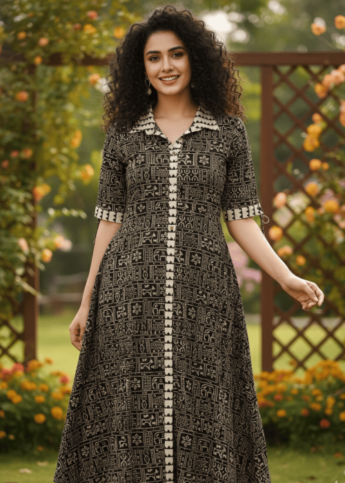 Black Ethnic Printed A-Line Kurti Dress with Button Placket
