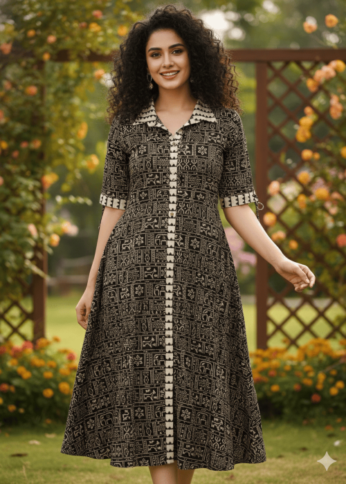 Black Ethnic Printed A-Line Kurti Dress with Button Placket