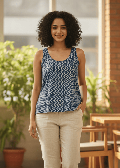 Blue Printed Sleeveless Cotton Casual Top