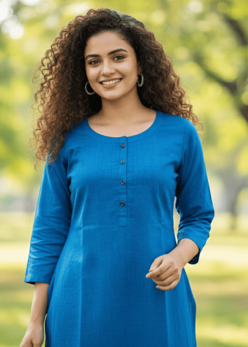 Solid Blue Cotton Kurti with Round Neck