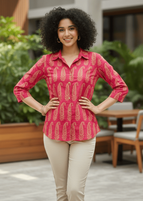 Pink Printed Cotton Casual Shirt Top