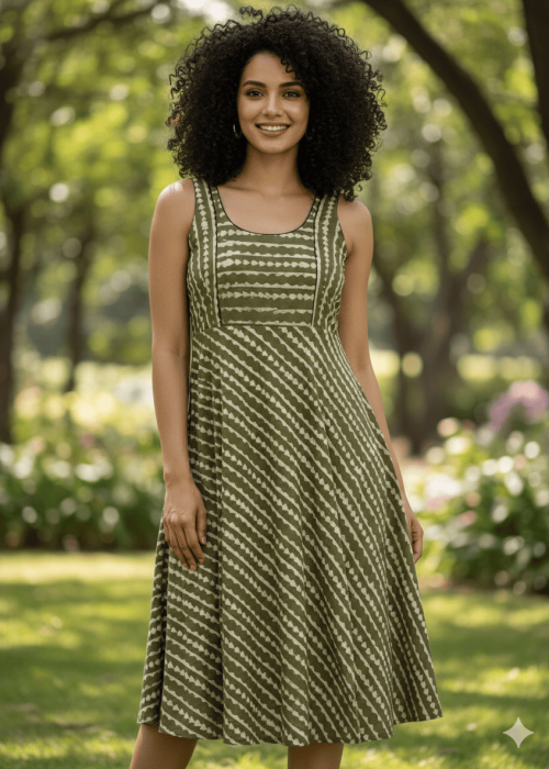 Olive Green Printed Sleeveless Cotton A-Line Dress