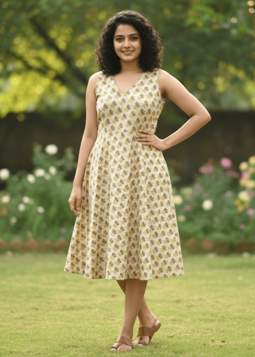 Mud Color Printed Sleeveless V-Neck A-Line Midi Dress