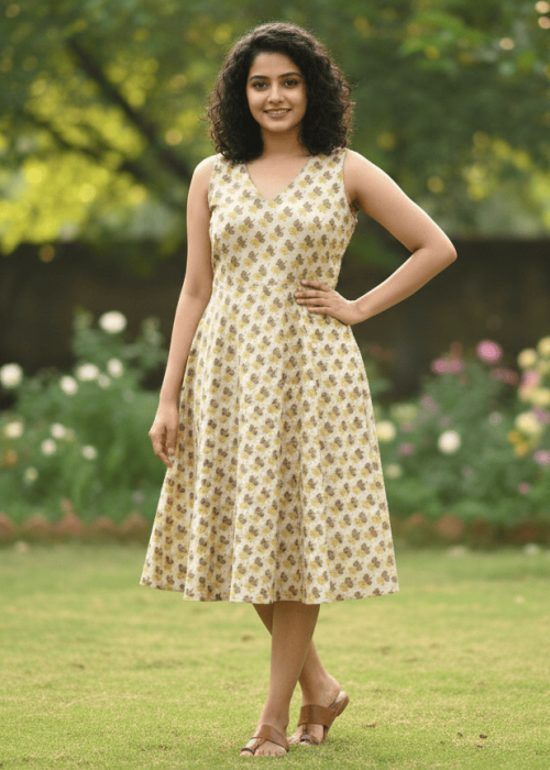 Beige Printed Sleeveless V-Neck A-Line Midi Dress