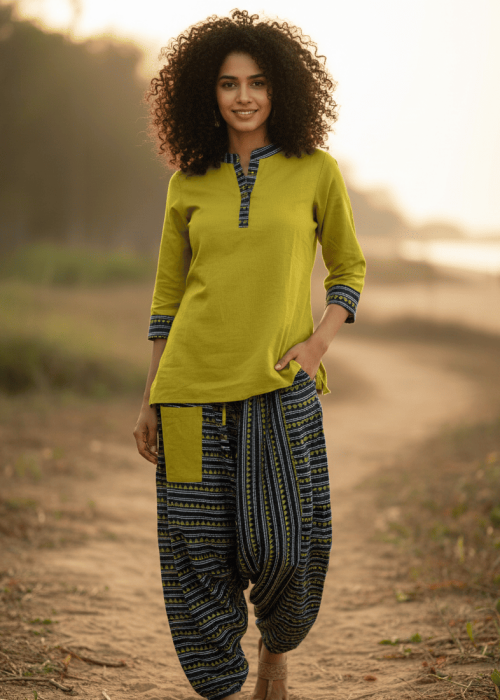 Olive Green Solid Kurti with Printed Patiala Pants Set