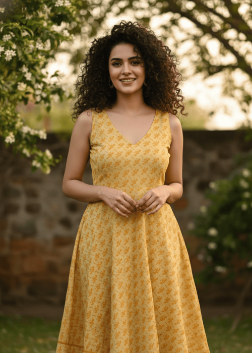 Mustard Yellow Bagru Printed Sleeveless V-Neck A-Line Midi Dress