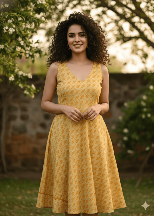 Mustard Yellow Printed Sleeveless V-Neck A-Line Midi Dress