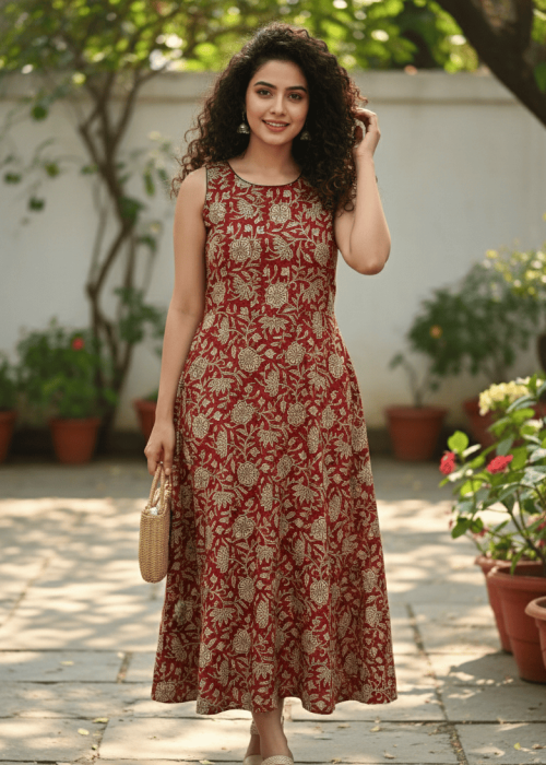 Maroon Printed Sleeveless Ethnic A-Line Midi Dress
