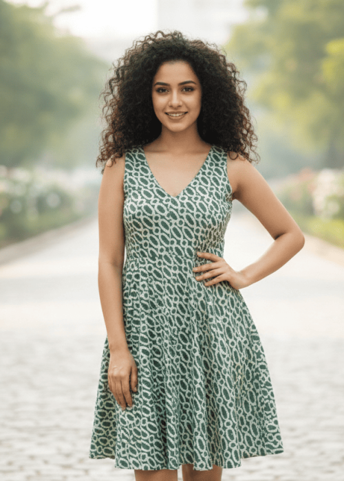 Teal Green Printed Sleeveless V-Neck A-Line Midi Dress