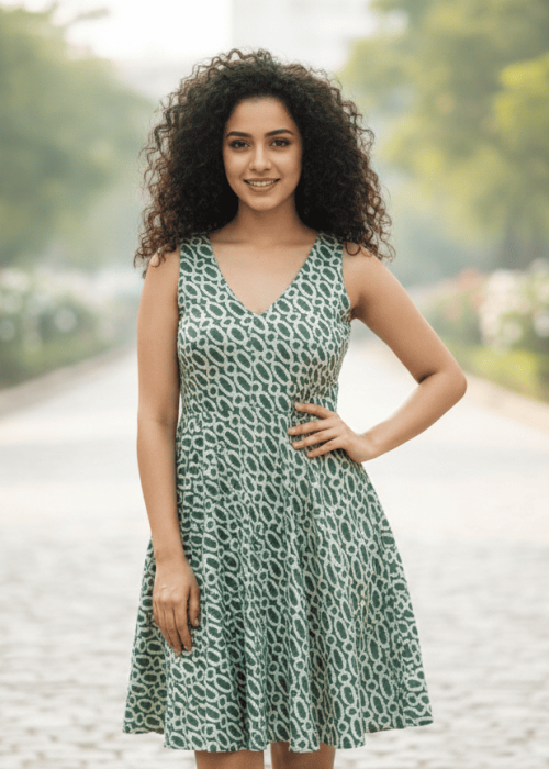 Teal Green Printed Sleeveless V-Neck A-Line Midi Dress